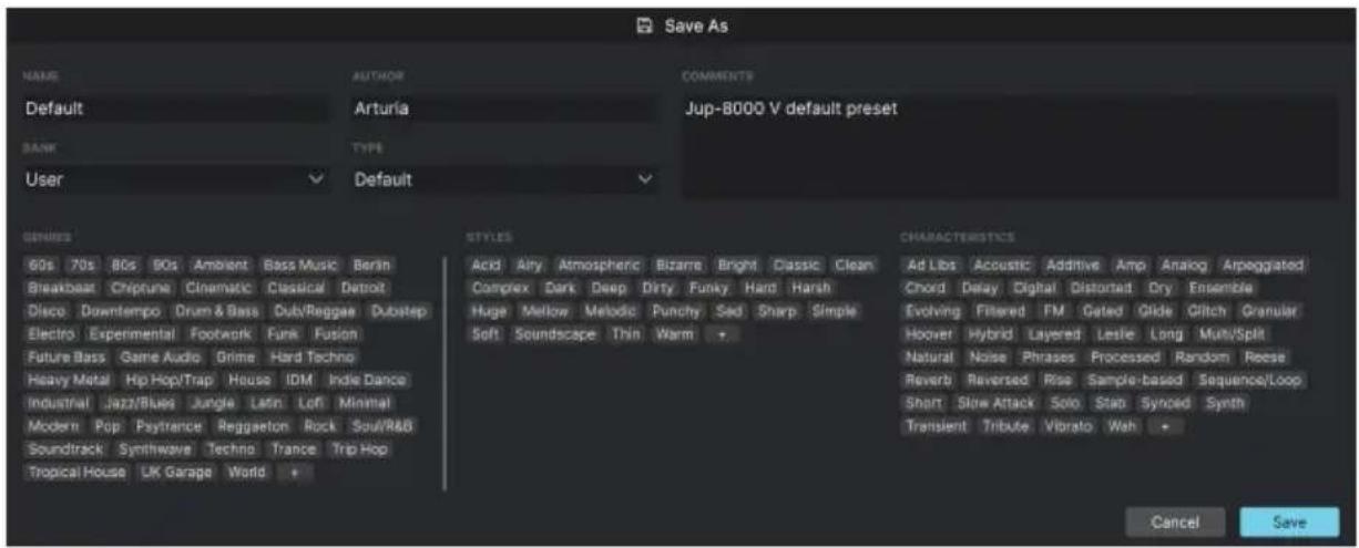 Arturia JUP-8000 V - Save Preset As... - 1