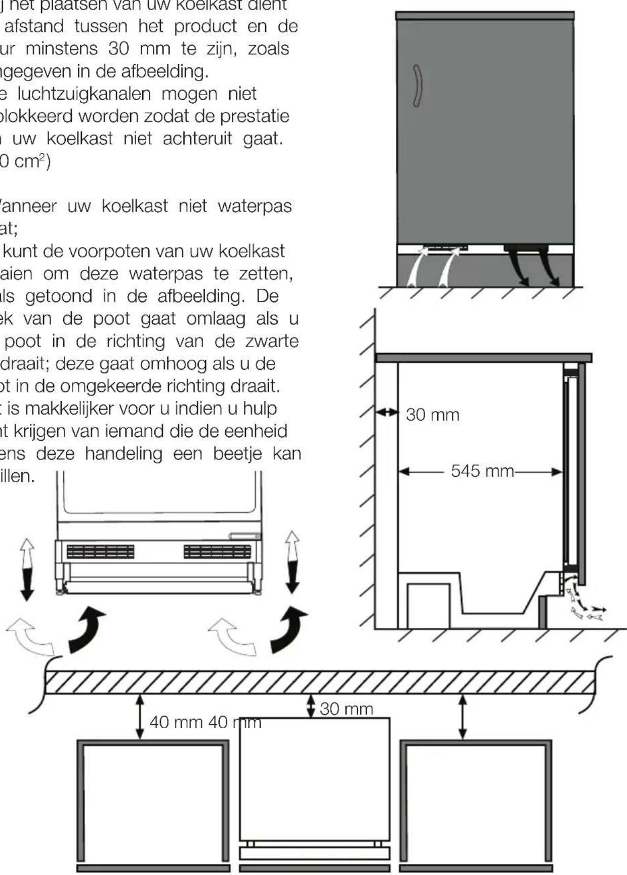Küppersbusch FKU1540.0i - Het plaatsen van de koelkast onder het werkblad en het instellen van de pootjes. - 1