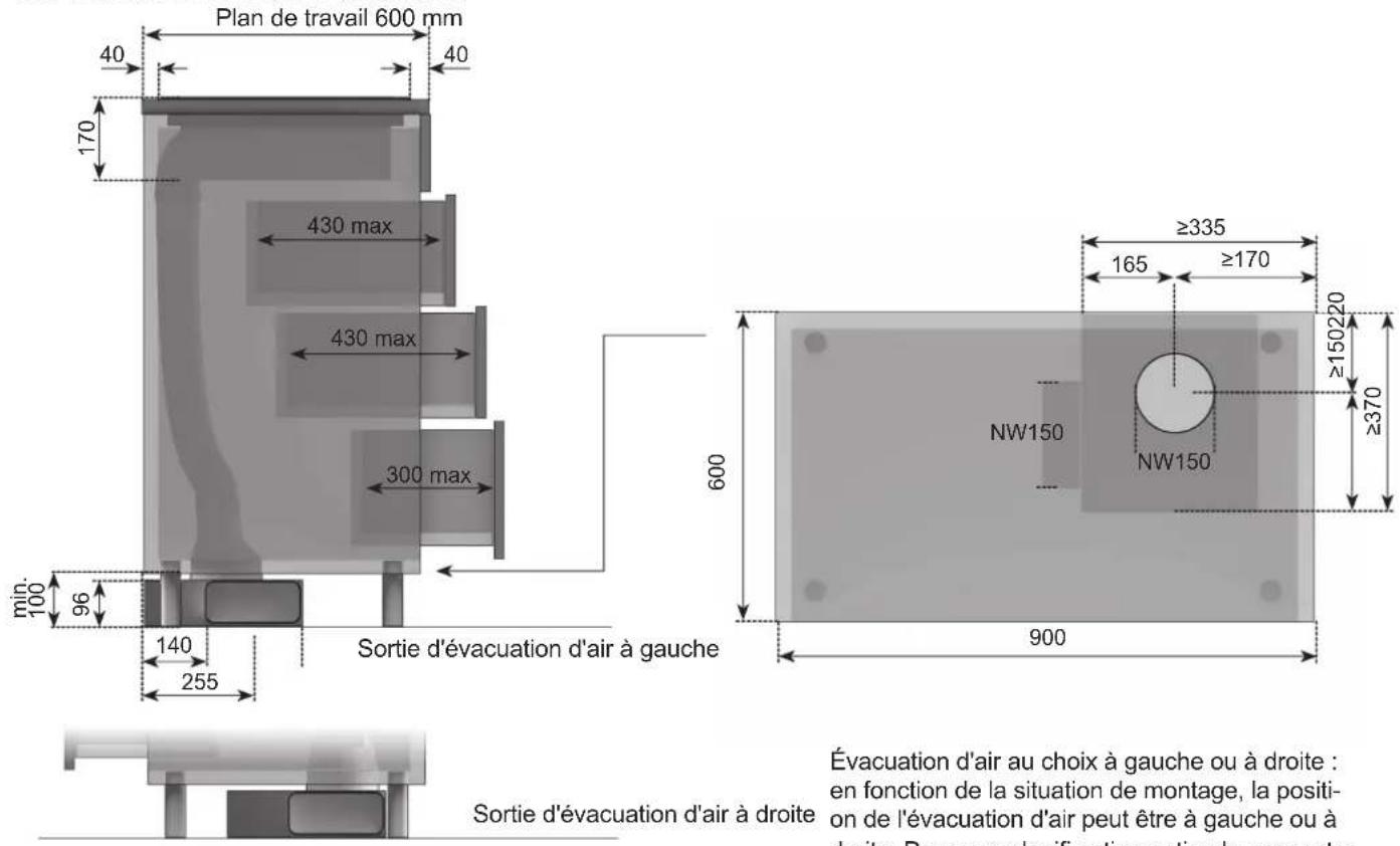 Plan de travail 600 mm 40 40 170 430 max 430 max 300 max min. 100 96 140 255 Sortie d'évacuation d'air à gauche 600 ≥335 165 ≥170 ≥150220 ≥370 NW150 NW150 900 Sortie d'évacuation d'air à droite Évacuation d'air au choix à gauche ou à droite : en fonction de la situation de montage, la positi- on de l'évacuation d'air peut être à gauche ou à droite. Pour une planifi-ation optimale respecter