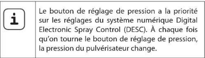 Le bouton de réglage de pression a la priorité sur les réglages du système numérique Digital Electronic Spray Control (DESC). À chaque fois qu'on tourne le bouton de réglage de pression, la pression du pulvérisateur change.