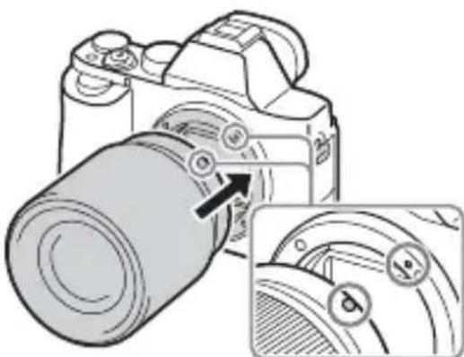 SONY Alpha ILCE-7K - Montare l'obiettivo allineando i contrassegni bianchi degli indici (indici di montaggio) sull'obiettivo e sulla fotocamera. - 1