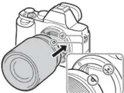 SONY Alpha ILCE-7K - Kiinnitä objektiivi kohdistamalla objektiivissa ja kamerassa olevat valkoiset merkit (kohdistusmerkit). - 1