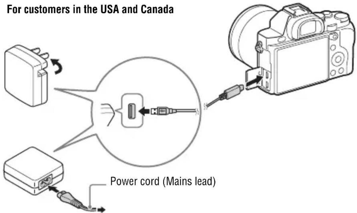 SONY Alpha ILCE-7K - Connect the camera to the AC Adaptor (supplied) using the micro USB cable (supplied), and connect the AC Adaptor to the wall outlet (wall socket). - 1