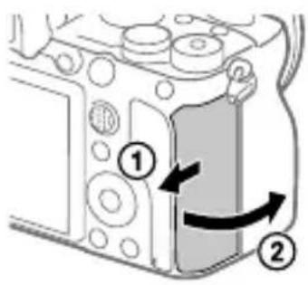 SONY Alpha ILCE-7RM4 - Aprire il coperchio della scheda di memoria. - 1