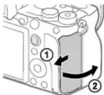 SONY Alpha ILCE-7RM4 - Öppna locket till minneskortsfacket. - 1