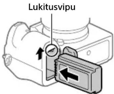 SONY Alpha ILCE-7RM4 - Aseta akku samalla, kun painat lukitusvipua akun kärjellä, kunnes akku lukittuu paikalleen. - 1