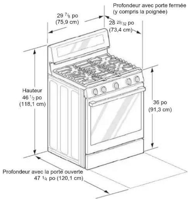 29 7/8 po (75,9 cm) Profondeur avec porte fermée (y compris la poignée) 28 29/32 po (73,4 cm) Hauteur 46 1/2 po (118,1 cm) 36 po (91,3 cm) Profondeur avec la porte ouverte 47 1/4 po (120,1 cm)
