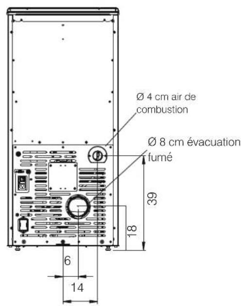 Ø 4 cm air de combustion Ø 8 cm évacuation fumé 39 18 6 14