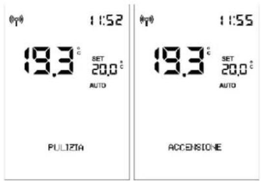 (p) 1:52 18.3 °C SET 20.0 °C AUTO PULIZIA 1:55 18.3 °C SET 20.0 °C AUTO ACCENSIONE