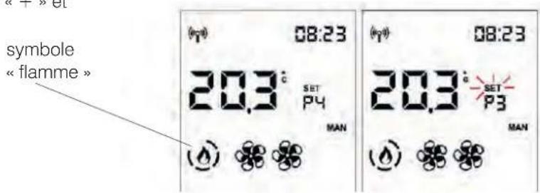 symbole « flamme » (###) 08:23 20.3° SET P4 MAN (▲) ⚪️ ⚪️ ⚪️ MAN (###) 08:23 20.3° SET P3 MAN