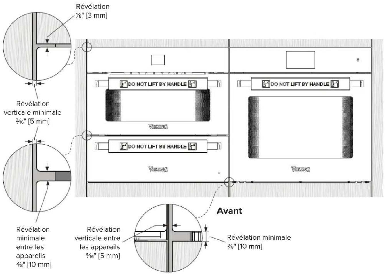VIKING MVWDE6301 - Spécifications des armoires côte à côte - Four mural simple, four à vapeur et tiroir chauffant - 3