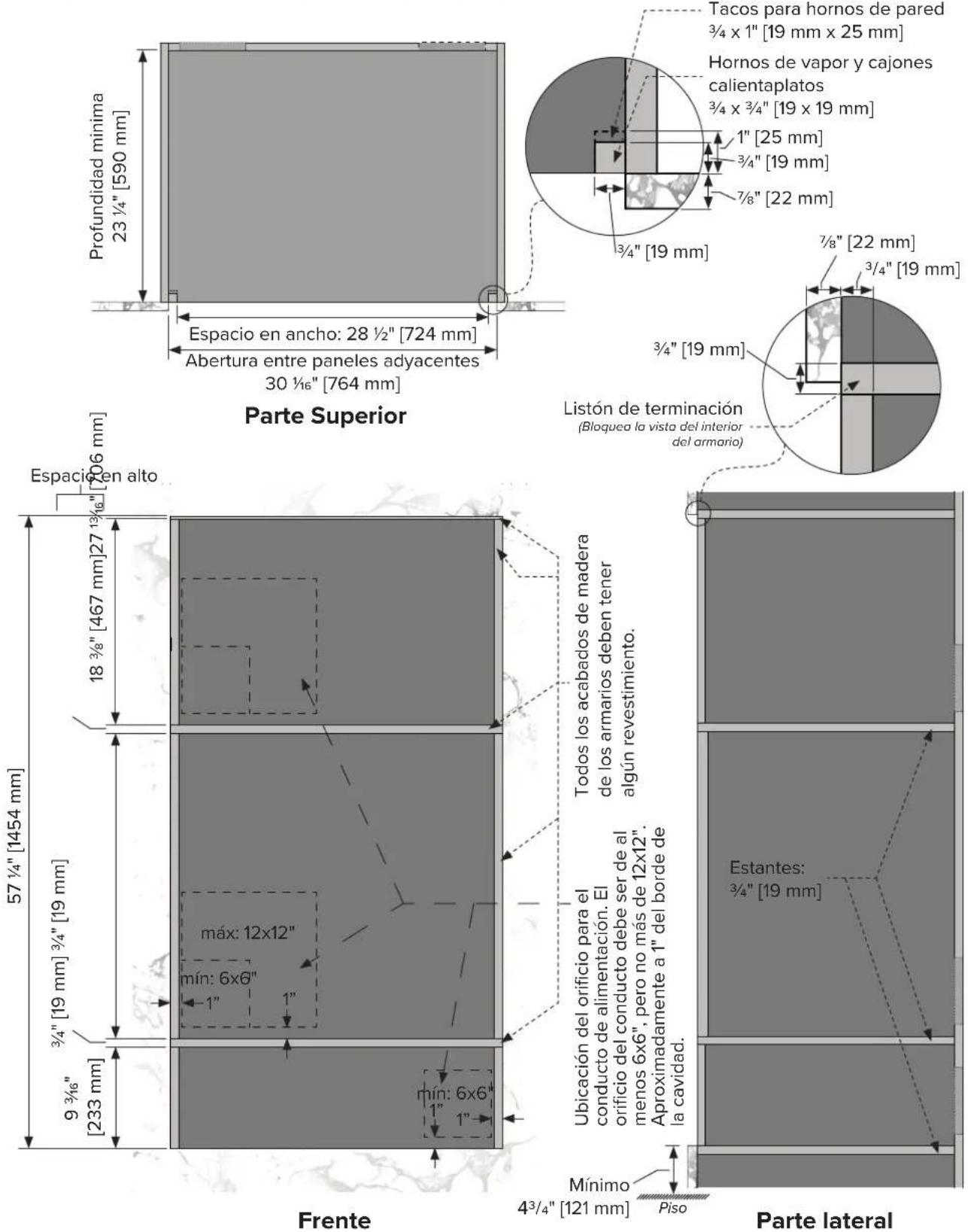 VIKING MVWDE6301 - Especificaciones de los armarios de 3 estantes - Horno de pared simple, horno de vapor y cajón calientaplato - 3