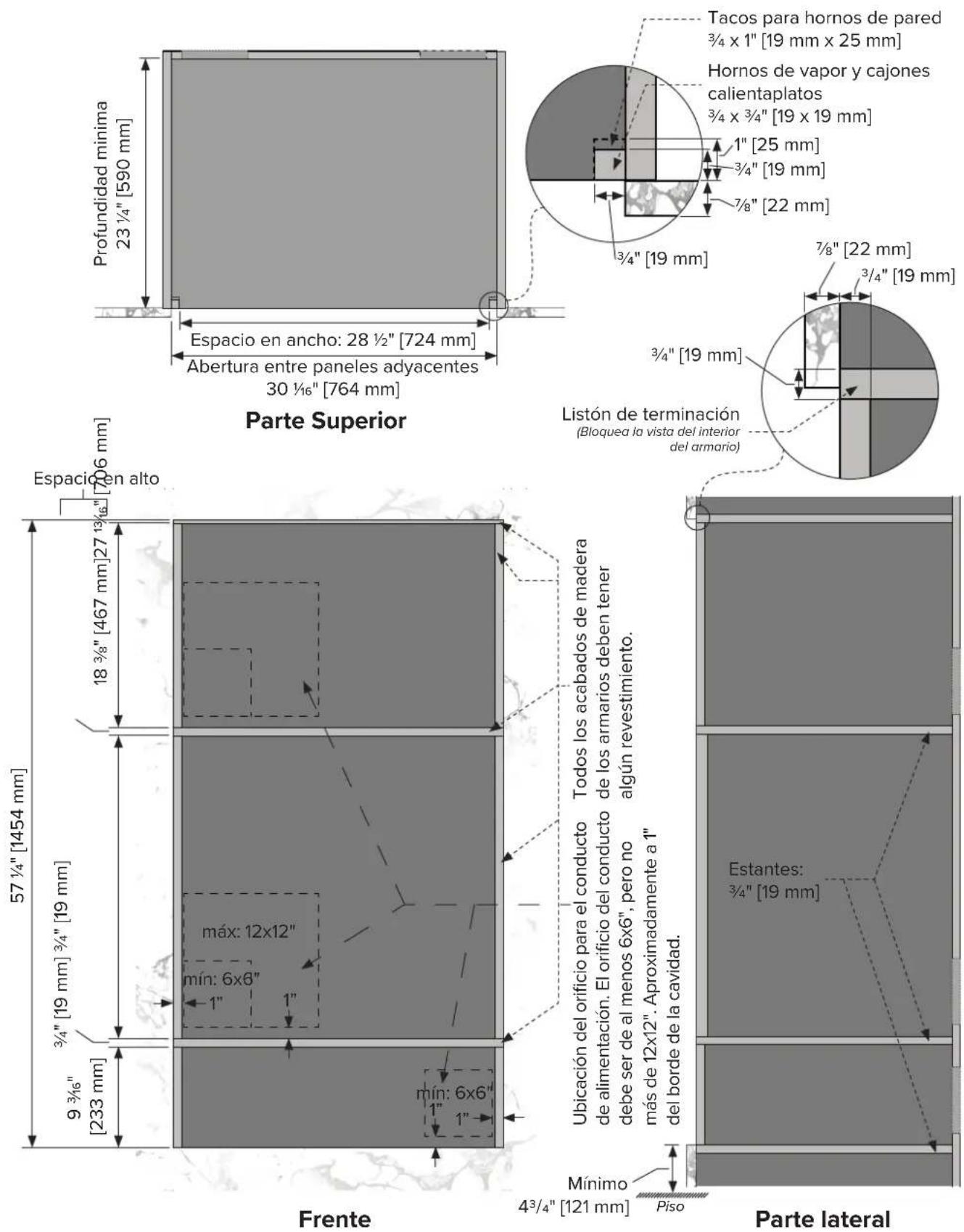 VIKING MVSOC6301 - Especificaciones de los armarios de 3 estantes - Horno de pared simple, horno de vapor y cajón calientaplato - 3