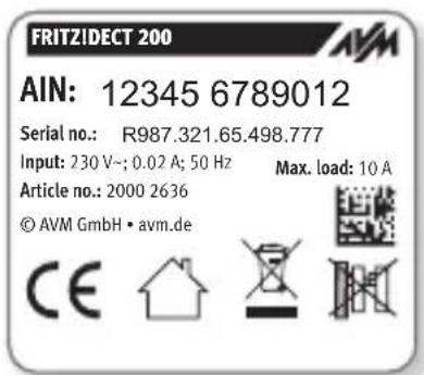 FRITZIDECT 200 AIN: 12345 6789012 Serial no.: R987.321.65.498.777 Input: 230 V~; 0.02 A; 50 Hz Max. load: 10 A Article no.: 2000 2636 © AVM GmbH • avm.de CE