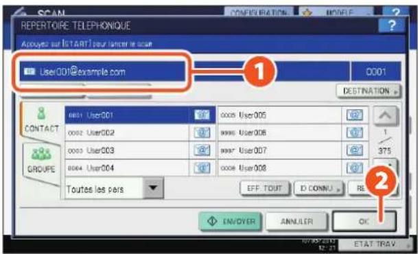 REPERTOIRE TELEPHONIQUE Appuyez sur lSTART pour lancer le coum User001@example.com 0001 DESTINATION CONTACT 0001 User001 0002 User002 0003 User003 0004 User004 Toutes les pers 0005 User005 0006 User006 0007 User007 0008 User008 EFF TOUT ID CONNU RE ENDYER ANNULER OK