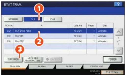 ETAT TRAV. MPRMER TAX SCAN FICH. No. A Date Time Pages Etat1 02-0458-7983 10.12.24 1 Attendre 03 User001 10.12.24 1 Attendre 04 User002 10.12.24 1 Attendre ... SUPPRIMER LISTE DES RESERVATIONS ENDS FERMER TRAVAUX JOURNAL PAPER CARTOUCHE MRS-2091 16:23 ETAT TRAV.
