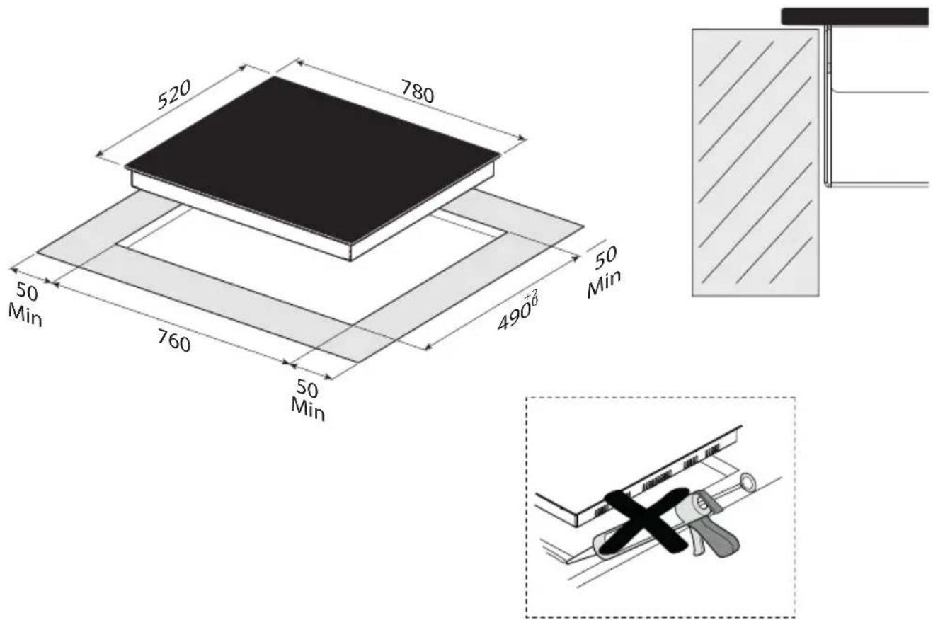 Pando E-396 - Step 4. Fit the fixing brackets supplied to the long sides of the hob as illustrated below: - 3