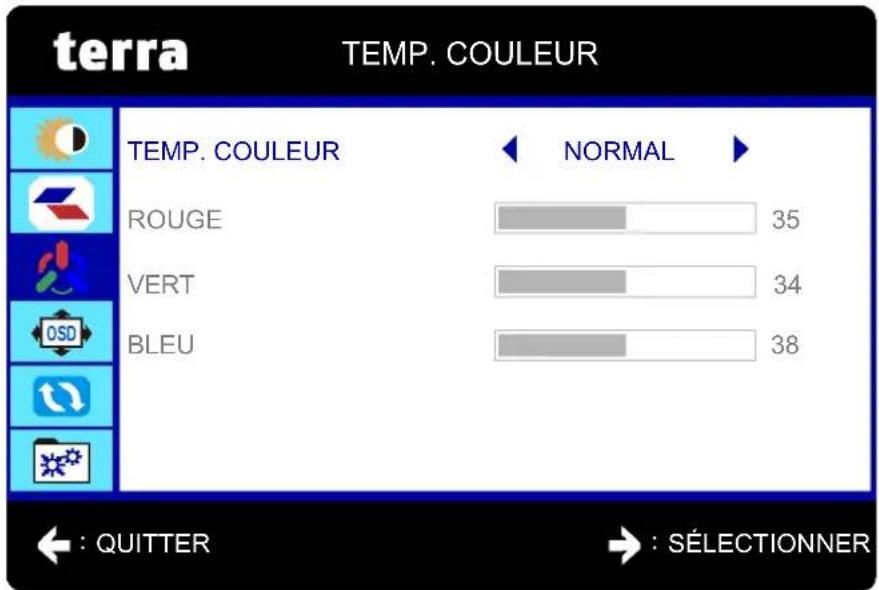 terra TEMP. COULEUR TEMP. COULEUR NORMAL ROUGE 35 VERT 34 BLEU 38 : QUITTER → : SÉLECTIONNER