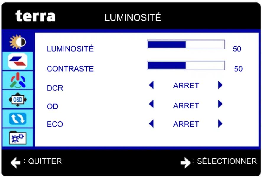 terra LUMINOSITÉ LUMINOSITÉ 50 CONTRASTE 50 DCR ARRET OD ARRET ECO ARRET ← : QUTTER → : SÉLECTIONNER