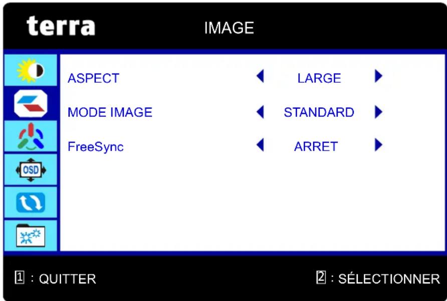 terra IMAGE ASPECT LARGE MODE IMAGE STANDARD FreeSync ARRET 1 : QUITTER 2 : SÉLECTIONNER