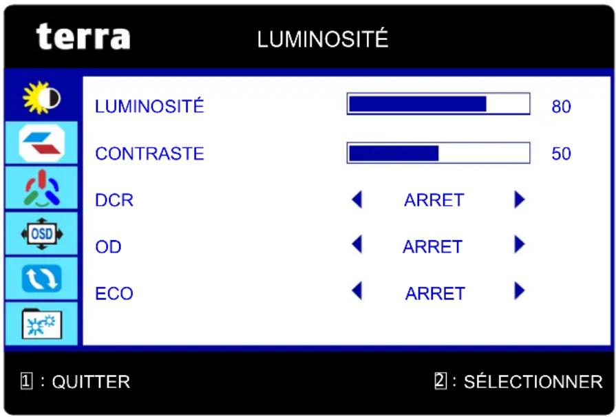 terra LUMINOSITÉ LUMINOSITÉ 80 CONTRASTE 50 DCR ARRET OD ARRET ECO ARRET 1 : QUITTER 2 : SÉLECTIONNER