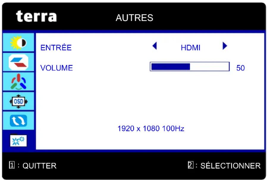 terra AUTRES ENTRÉE VOLUME HDMI 50 1920 x 1080 100Hz ① : QUITTER ② : SÉLECTIONNER
