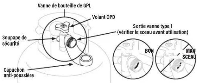 Vanne de bouteille de GPL Volant OPD Soupape de sécurité Capuchon anti-poussière Sortie vanne type 1 (vérifier le sceau avant utilisation) BON MAV SCEAU