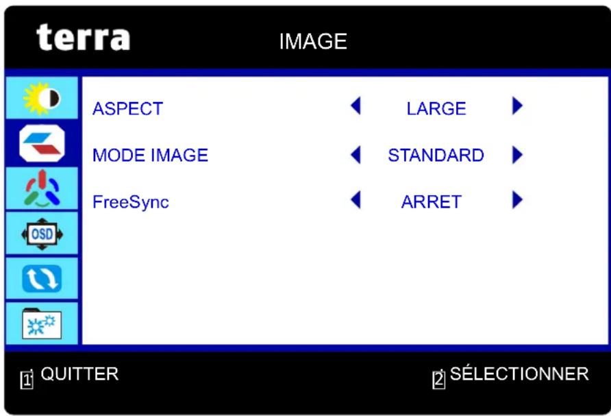 terra IMAGE ASPECT LARGE MODE IMAGE STANDARD FreeSync ARRET 1 QUITTER 2 SÉLECTIONNER
