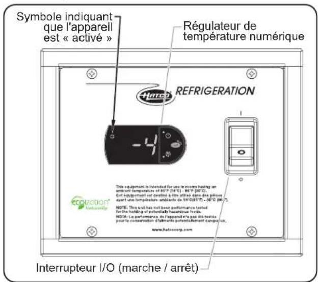 Symbole indiquant que l'appareil est « activé » Régulateur de température numérique REFRIGERATION This equipment is intended for use in extra heating an ambient temperature of 65°F (30°F) - 80°F (30°F). Cut equipment set dedicated à titre utilise dans des plines ayant une température ambiante de 17°C (30°F) - 30°C (30°F). NOTE: This unit has out been performance tested for the holding of potentially hazardous foods. NOTE: La performance de l'appareil n'a pas être testée, pour le conservation d'atmets potentiellement dangereux. www.hatoecorp.com Interrupteur I/O (marche / arrêt)