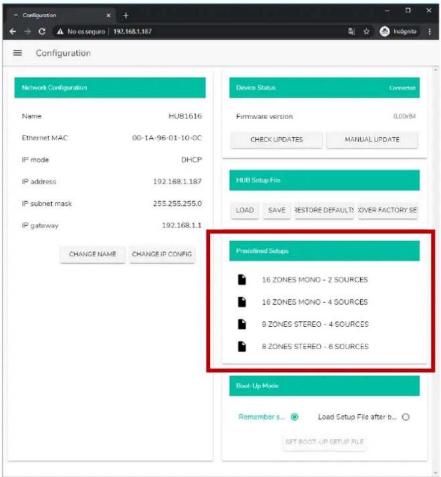 Ecler HUB1616 - PREDEFINED SETUPS (Configurations prédéfinies) - 1