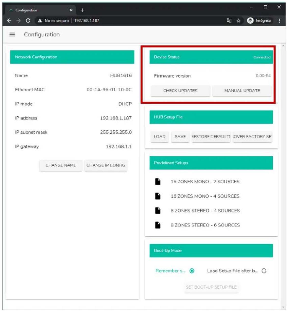 Ecler HUB1616 - DEVICE STATUS (Statut de l'unité) - 1
