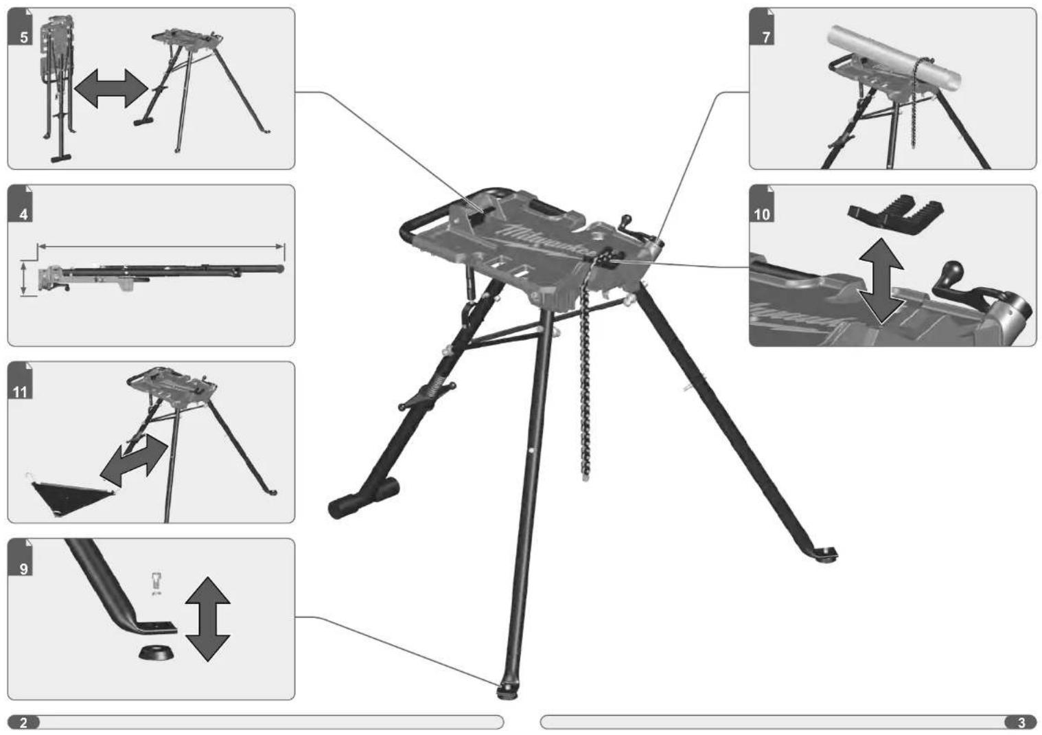 Technical diagram illustrating the assembly of a bipod with labeled parts and directional arrows indicating movement or assembly.