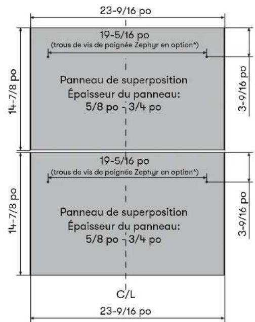 23-9/16 po 19-5/16 po (trous de vis de poignée Zephyr en option*) 14-7/8 po Panneau de superposition Épaisseur du panneau: 5/8 po 3/4 po 3-9/16 po 14-7/8 po 19-5/16 po (trous de vis de poignée Zephyr en option*) 14-7/8 po Panneau de superposition Épaisseur du panneau: 5/8 po 3/4 po 3-9/16 po C/L 23-9/16 po