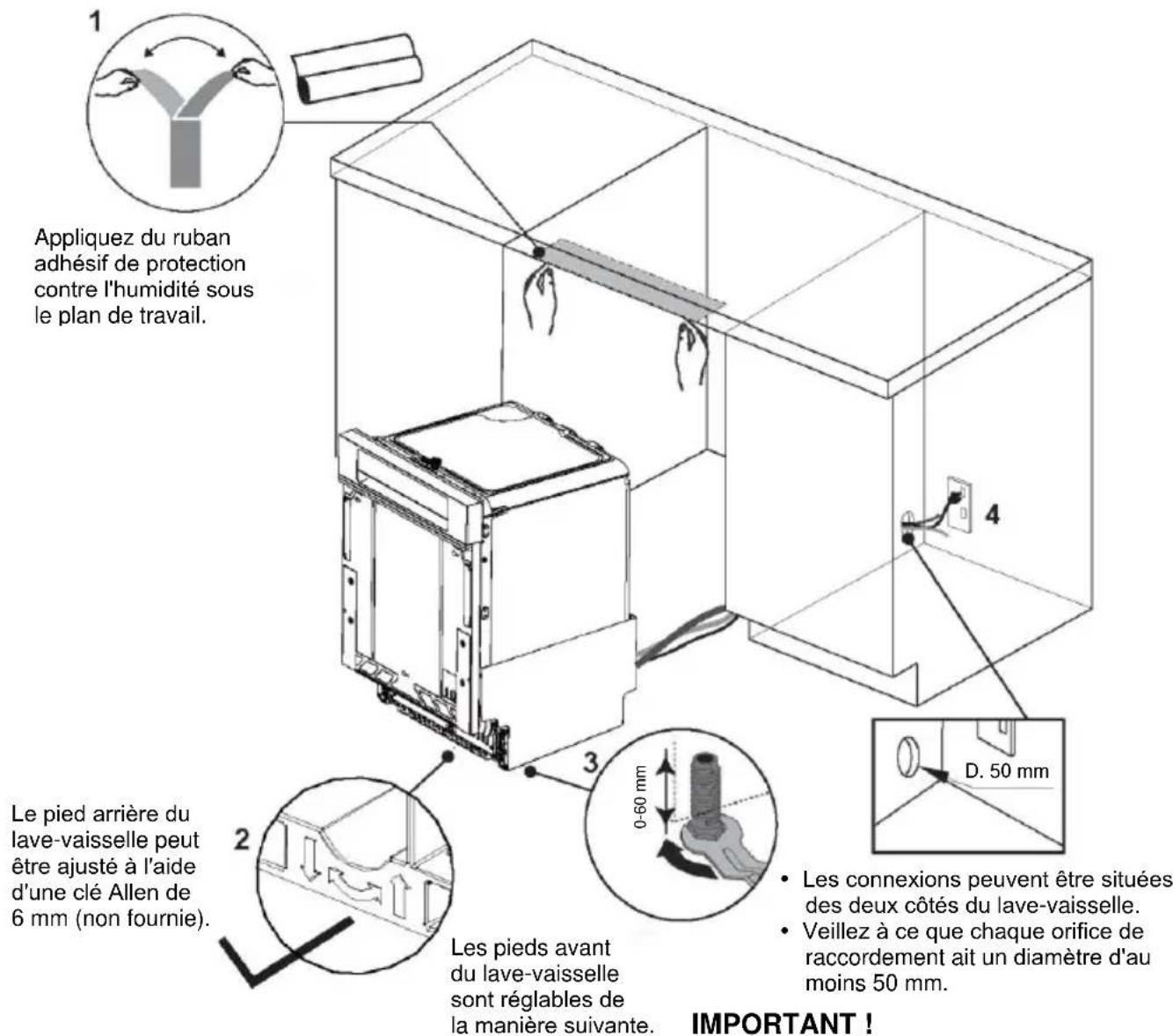 Appliquez du ruban adhésif de protection contre l'humidité sous le plan de travail. Le pied arrière du lave-vaisselle peut être ajusté à l'aide d'une clé Allen de 6 mm (non fournie). Les pieds avant du lave-vaisselle sont réglables de la manière suivante. 0-60 mm 3 4 D. 50 mm • Les connexions peuvent être situées des deux côtés du lave-vaisselle. • Veillez à ce que chaque orifice de raccordement ait un diamètre d'au moins 50 mm. IMPORTANT !