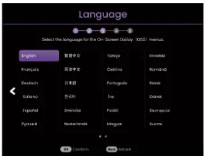 Language Select the language for the On-Screen Dialog (OSD) menus. English 葡語中文 Tangke Kwetski Français 節体中文 Çeština Ranmänd Deutsch 日本語 Portuguese Nansk Italiano 韓국어 Trei Dansk Español Svenska Polski Bonnapoun Pyrosel Nederlands Magyar Suomi OK Confirm Back Return