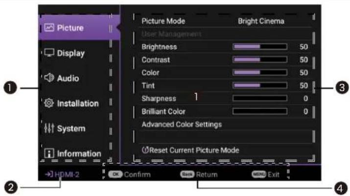 Picture Display Audio Installation System Information → HDMI-2 OK Confirm Cancel Return MENI Exit Picture Mode Bright Cinema User Management Brightness 50 Contrast 50 Color 50 Tint 50 Sharpness 1 0 Brilliant Color 0 Advanced Color Settings Reset Current Picture Mode ① ② ③ ④