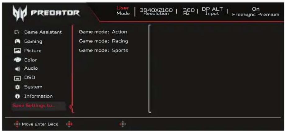 ACER X27UF - Enregistrer le réglage vers...(Mode Utilisateur seulement) - 1