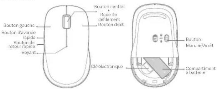 Bouton gauche Bouton d'avance rapida Bouton de retour rapide Voyant Bouton central Roue de déflement Bouton droit Clé électronique Bouton Marche/Arrêt Compartiment à batterie