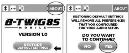 B-TWiG 8S MOBILE VERSION 1.0 RESTORE DEFAULT SETTINGS ABOUT RESTORING DEFAULT SETTINGS WILL REMOVE ALL PREFERENCES THAT YOU CONFIGURED FOR YOUR AUDIO SETUP. DO YOU WANT TO CONTINUE? NO YES