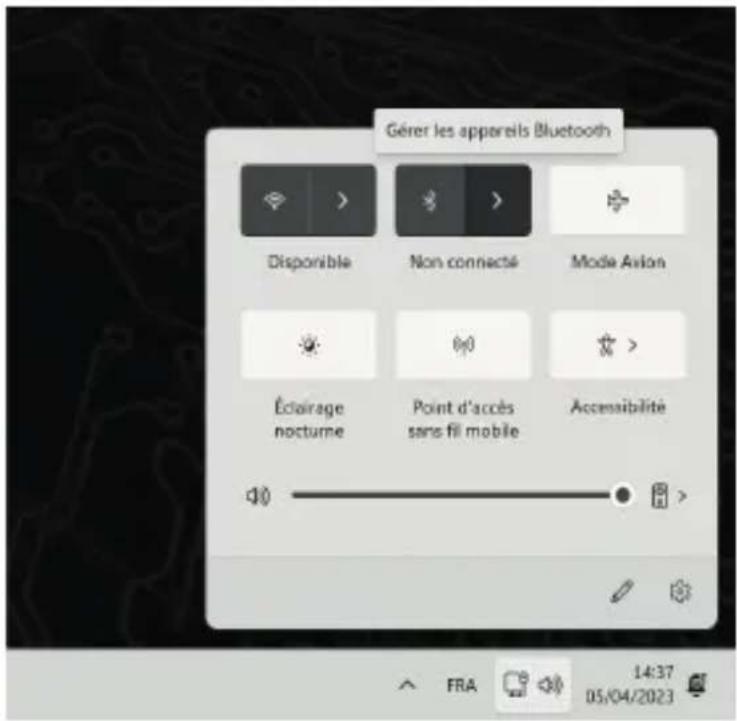 Gérer les appareils Bluetooth Disponible Non connecté Mode Avion Éclairage nocturne Point d'accès sans fil mobile Accensabilité FRA 14:37 05/04/2023