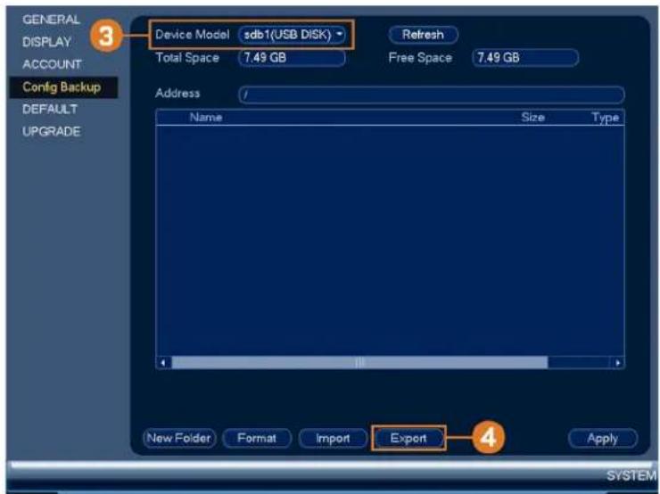 GENERAL DISPLAY ACCOUNT Config Backup DEFAULT UPGRADE 3 Device Model sdb1(USB DISK) Total Space 7.49 GB Refresh Free Space 7.49 GB Address / Name Size Type New Folder Format Import Export Apply SYSTEM
