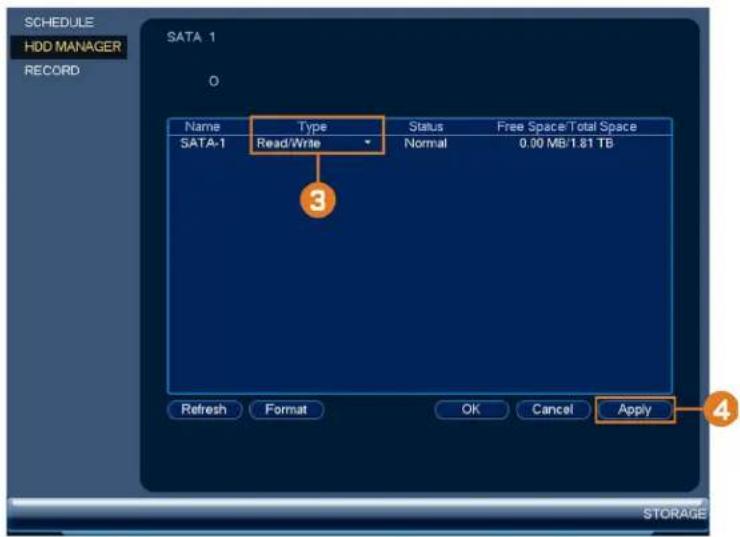SCHEDULE HDD MANAGER RECORD SATA 1 0 Name Type Status Free Space/Total Space SATA-1 Read/Write Normal 0.00 MB/1.81 TB 3 Refresh Format OK Cancel Apply 4 STORAGE