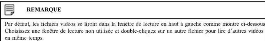 REMARQUE Par défaut, les fichiers vidéos se liront dans la fenêtre de lecture en haut à gauche comme montré ci-dessous Choisissez une fenêtre de lecture non utilisée et double-cliquez sur un autre fichier pour lire d'autres vidéos en même temps.