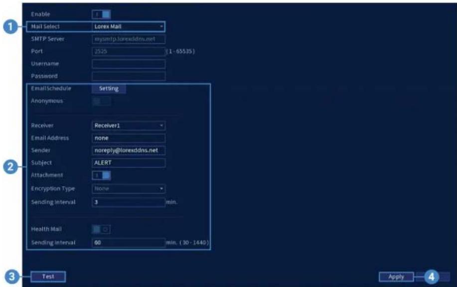 Lorex N884A63B - Pour configurer les alertes de courriel : - 1