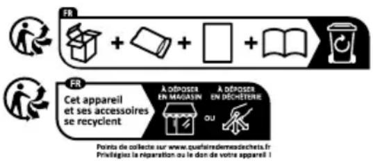 FR + + + + + FR Cet appareil et ses accessoires se recycient A déposer EN MAGASIN A déposer EN DÉCHÉTIERE OU Points de collecte sur www.querafairemedeachets.fr Prinélogies la réparation ou le don de votre appareil