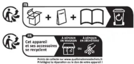 FR + + FR Cet appareil et ses accessoires se recyclent A DÉPOSER EN MARGASIN A DÉPOSER EN DÉCHETERIE GU Points de collecte sur www.quafairesdechets.fr Prévégée la réparation ou le don de votre appareil i