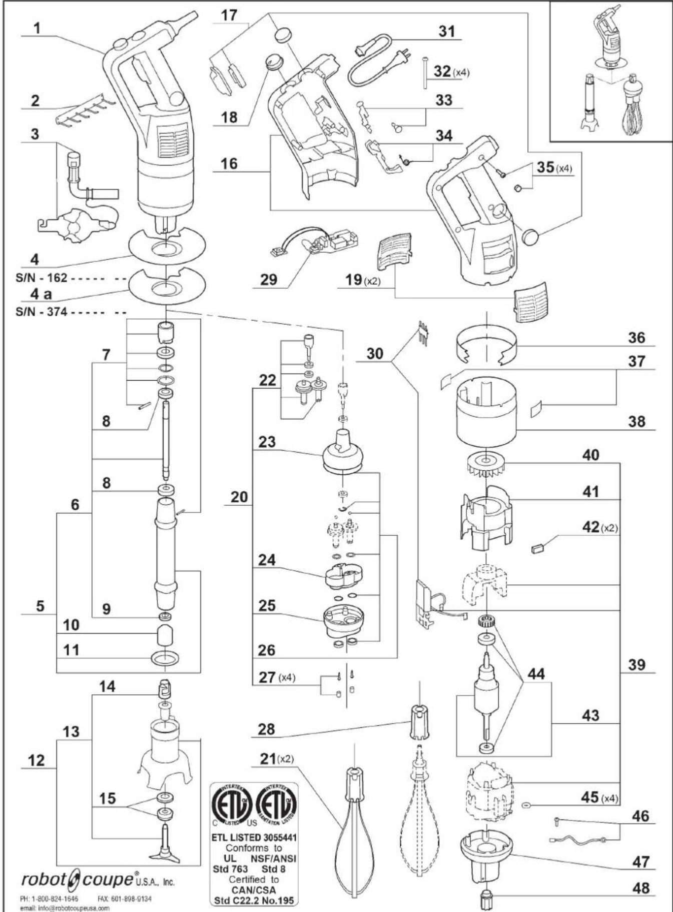 robot coupe® U.S.A., Inc. PH: 1-800-824-1546 FAX: 601-898-9134 email: info@robotcoupeusa.com S/N - 162 4 a S/N - 374 17 31 18 32 (x4) 33 34 16 29 19 (x2) 35 (x4) 7 8 6 5 10 11 14 13 15 22 23 20 24 25 26 27 (x4) 30 36 37 38 40 41 42 (x2) 39 44 43 45 (x4) 46 47 48 ETL LISTED 3055441 Conforms to UL NSF/ANSI Std 763 Std 8 Certified to CAN/CSA Std C22.2 No.195