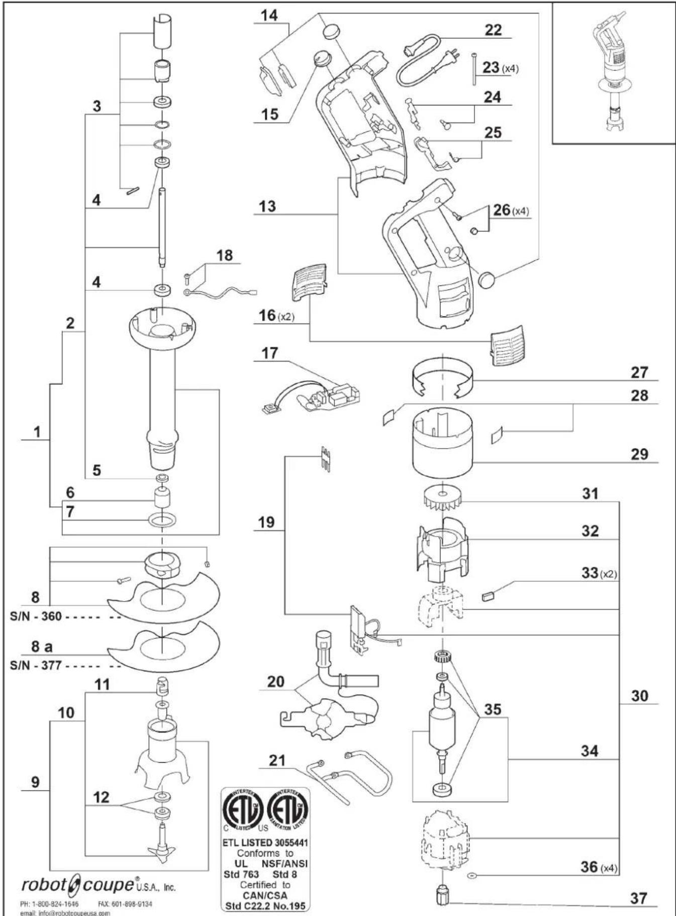 robot coupe® U.S.A., Inc. PH: 1-800-824-1646 FAX: 601-898-9134 email: info@robotcoupeusa.com 1 2 3 4 5 6 7 8 S/N - 360 8 a S/N - 377 9 10 11 12 13 14 15 16 (x2) 17 18 19 20 21 22 23 (x4) 24 25 26 (x4) 27 28 29 30 31 32 33 (x2) 34 35 36 (x4) 37 INTERNATIONAL ETL LISTED 3055441 CONFORMS TO UL NSF/ANSI Std 763 Std 8 Certified to CAN/CSA Std C22.2 No.195