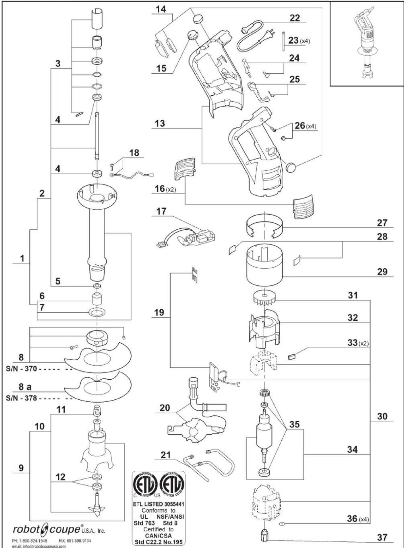 robot coupe® U.S.A., Inc. PH: 1-800-824-1545 RAX: 601-898-9134 email: info@robotcoupeusa.com 3 4 2 1 5 6 7 8 S/N - 370 8 a S/N - 378 9 10 11 12 13 14 15 16 (x2) 17 18 19 20 21 22 23 (x4) 24 25 26 (x4) 27 28 29 30 31 32 33 (x2) 34 35 36 (x4) 37 INTERNATIONAL C O L I T E D U S C O N T I A N T I O U S ETL LISTED 3055441 Conforms to UL NSF/ANSI Std 763 Std 8 Certified to CAN/CSA Std C22.2 No.195