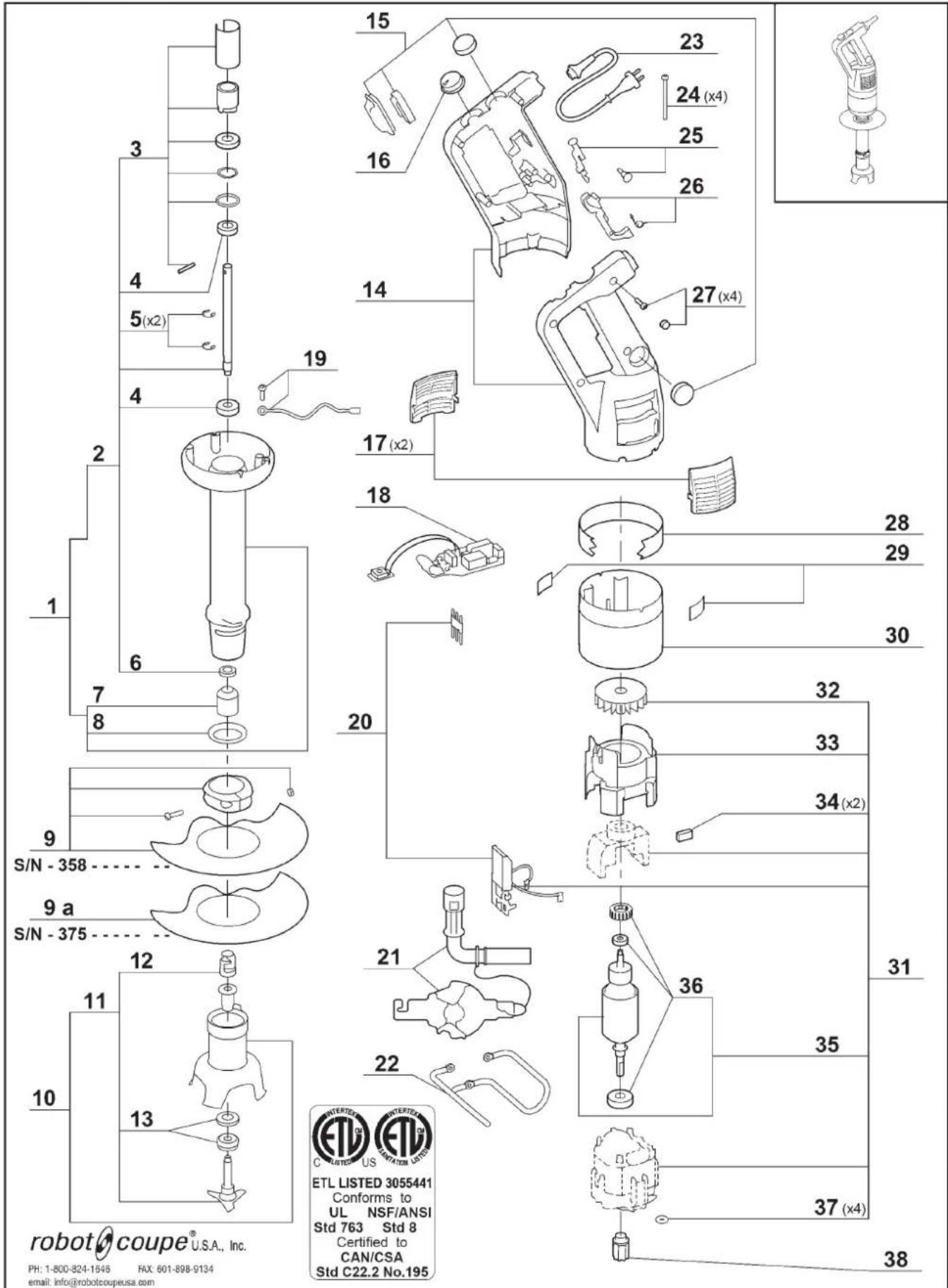 robot coupe® U.S.A., Inc. PH: 1-800-824-1545 RX: 601-898-9134 email: info@robotcoupeusa.com 1 2 3 4 5(x2) 6 7 8 9 S/N - 358 9 a S/N - 375 10 11 12 13 14 15 16 17 (x2) 18 19 20 21 22 23 24 (x4) 25 26 27 (x4) 28 29 30 31 32 33 34 (x2) 35 36 37 (x4) 38 INTERNATIONAL INTERNATIONAL ETL LISTED 3055441 Conforms to UL NSF/ANSI Std 763 Std 8 Certified to CAN/CSA Std C22.2 No.195
